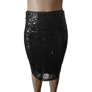 NWT, Black Sequin, Stretch Midi Skirt L